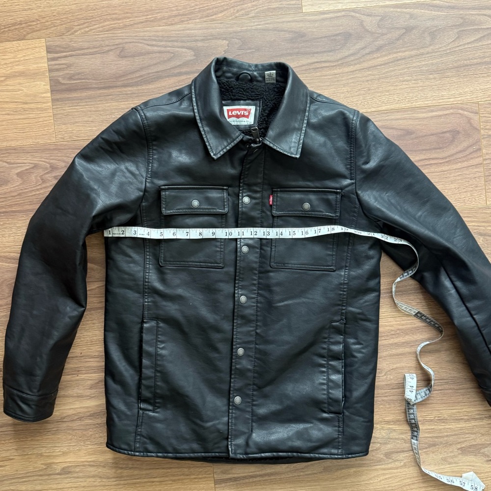 Levis Faux Black Leather Sherpa Lined Trucker Jacket Men’s Small -Levi Red Label - Picture 14 of 16